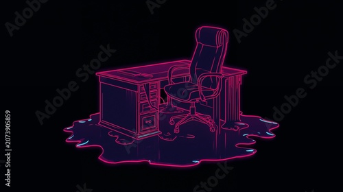 AI Generative. Neon Cyberpunk Office Desk and Ergonomic Chair Illustration on Black Background. 1