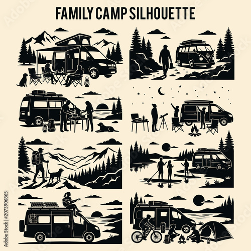 Family Camping Silhouettes: People Setting Up Tents, Hiking With Backpacks and Relaxing Around Campfire Outdoors	