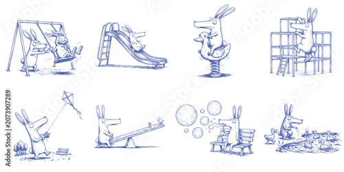 Funny Playground Animal Collection with Swing Slide Seesaw Jungle Gym Kite Flying and Duck Feeding