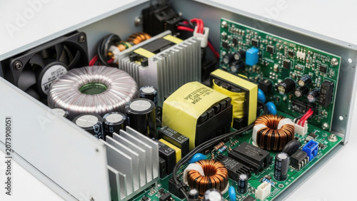 Closeup of an open electronic device revealing intricate circuitry, a large transformer.