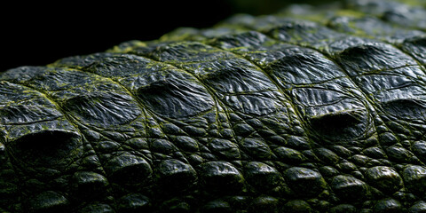 Extreme macro close-up of dark green crocodile skin texture highlighting detailed reptilian scales and rugged leathery ridges