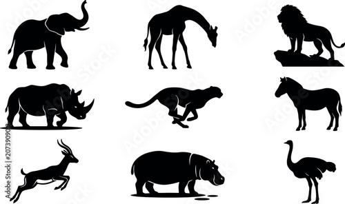 Bild auf Leinwand African Safari Wild Animal Silhouette Set Featuring Elephant Giraffe Lion Rhinoc
