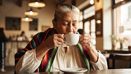 Senior woman in a colorful shawl enjoys coffee in a cafe