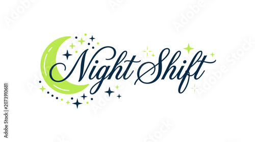 Night Shift text with lime green moon and stars illustration.