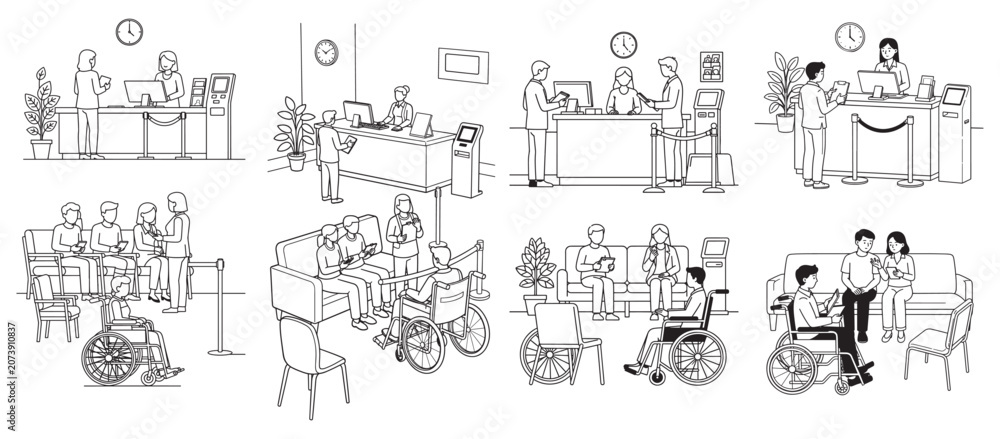 Obraz premium Reception and Waiting Area Line Art Set – Vector Sketches of Office Lobbies, Check-in Desks, Queues, Seating, and Wheelchair Accessibility for Interior and Facility Design