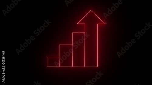 Bar chart highlighted in vibrant red neon illustrates a positive upward trend of growth and increasing financial success, showcasing data projections on a clean and dark professional workspace.