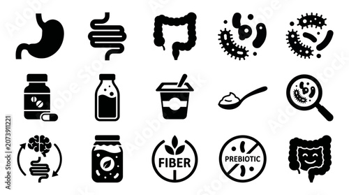Detailed monochrome vector icons illustrating human digestive organs, beneficial gut bacteria and dietary supplements, representing probiotic product marketing and health education materials