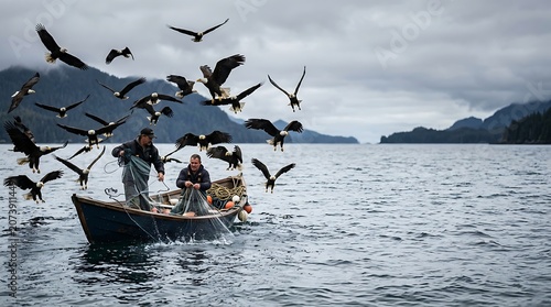 Fishermen on a boat pulling nets surrounded by flying bald eagles