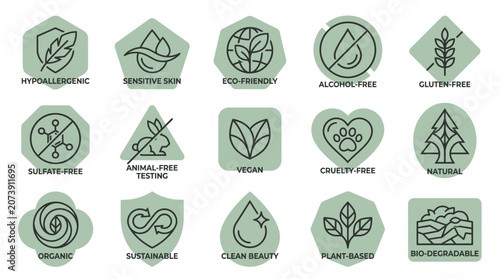 Fifteen modern line art icons on soft green geometric shapes, clearly outlining eco-friendly and ethical product certifications, illustrating brand transparency and consumer trust