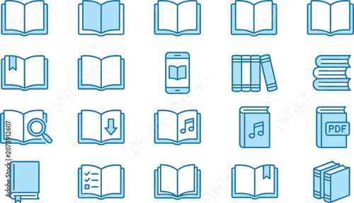 Blue E-Book and Online Reading Line Icon Set with Audiobooks Digital PDF Files Mobile Library Education Study and Bookstore Vector Graphic Symbols