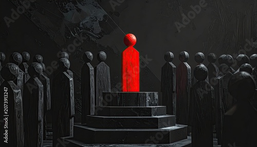 Red Figure Stands Out Among Dark Silhouettes on Pedestal.