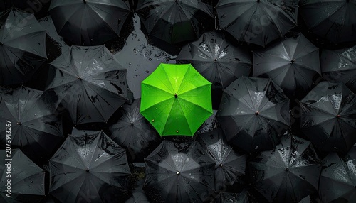 One Bright Green Umbrella Stands Out Among Many Dark Umbrellas.