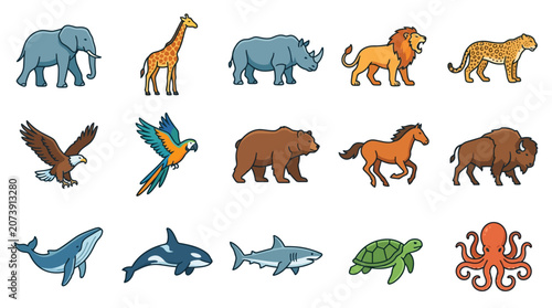 Photography Colorful Editable Stroke Wildlife Set Featuring Majestic Land Sea and Sky Animal