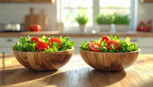 Two Fresh Salads in Wooden Bowls on a Kitchen Counter.