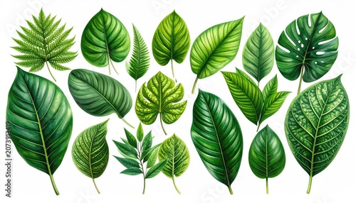 Collection of Various Green Tropical Leaves Isolated on White Background.