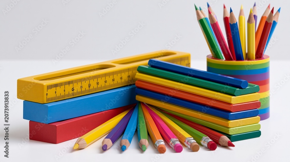 Fototapeta premium Brightly colored rulers and a pencil holder sit on a white surface.