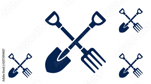 Foto Crossed shovel and pitchfork gardening tool icons.