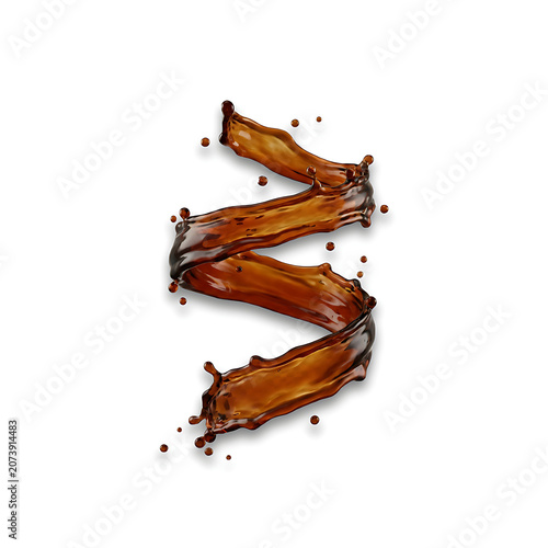 Dynamic spiral splash of dark liquid coffee or cola isolated on white background