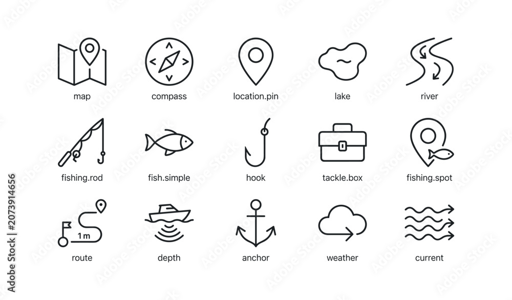 Fototapeta premium Navigation and fishing icons organized in grid layout