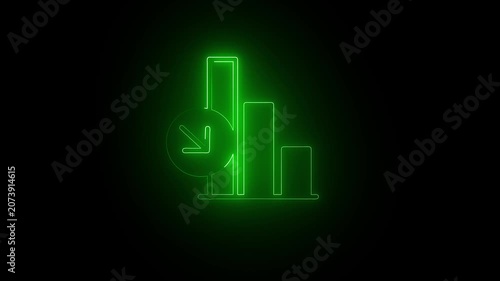 Bar chart graphic with a downward arrow indicates declining financial performance, showing a green neon illustration representing economic loss, market struggle, fiscal downturn and negative results.