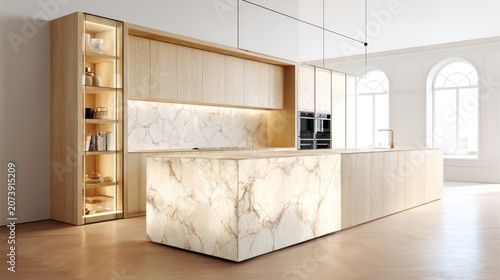 Contemporary kitchen interior design features illuminated stone surfaces and light wood cabinetry