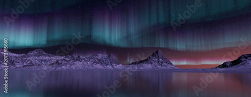 Winter Landscape with Aurora Borealis. Green Sky Banner with copy-space.