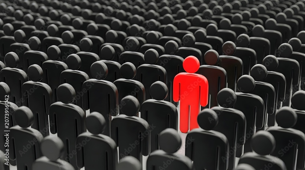 Obraz premium Single Red Figure Surrounded by Black Figures, Diversity and Individual Identity Concept