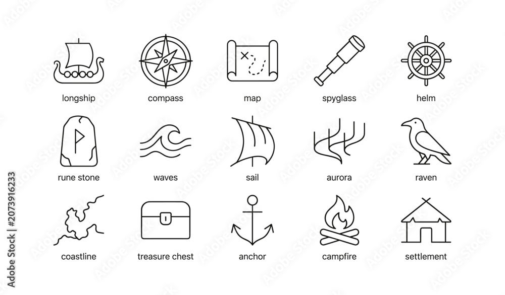 Fototapeta premium Nautical and viking icons showing navigation and seafaring symbols