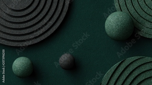 Abstract composition features dark green textured background with geometric shapes and spherical objects