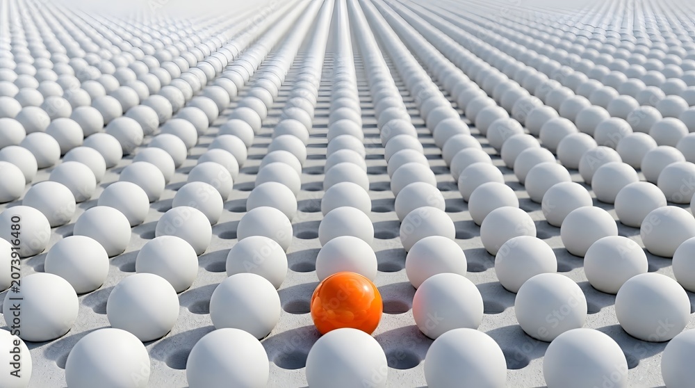 Obraz premium Orange Sphere Standing Out Among White Spheres, Individuality and Leadership Concept