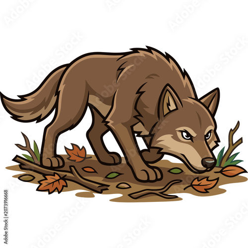 A cartoon wolf sniffs autumn leaves on forest ground closely.