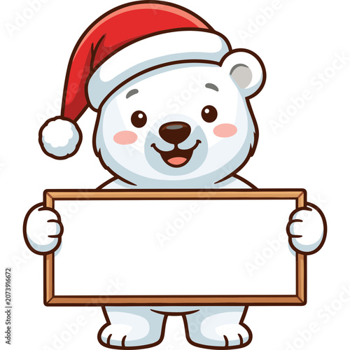 A cheerful cartoon polar bear wearing a Santa hat holds a blank sign indoors.