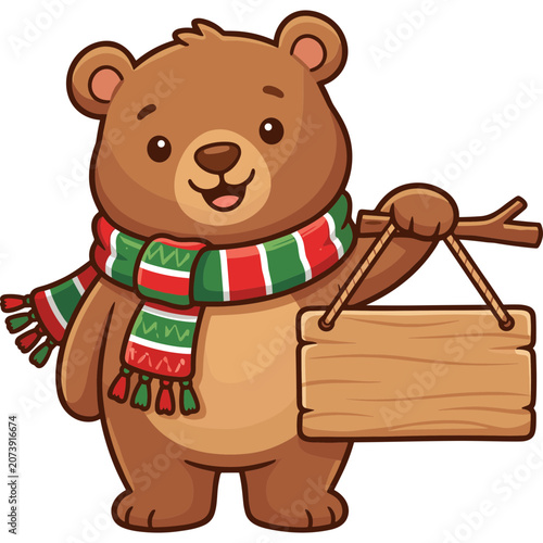 A brown bear in a festive scarf holds a wooden sign.