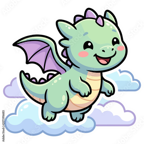 A cartoon dragon flies happily on clouds with purple wings spread.