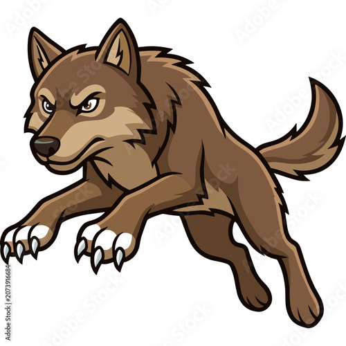 A brown wolf runs forward with sharp claws in a natural landscape.