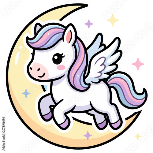 A cartoon unicorn with colorful mane flies on a crescent moon surrounded by stars.