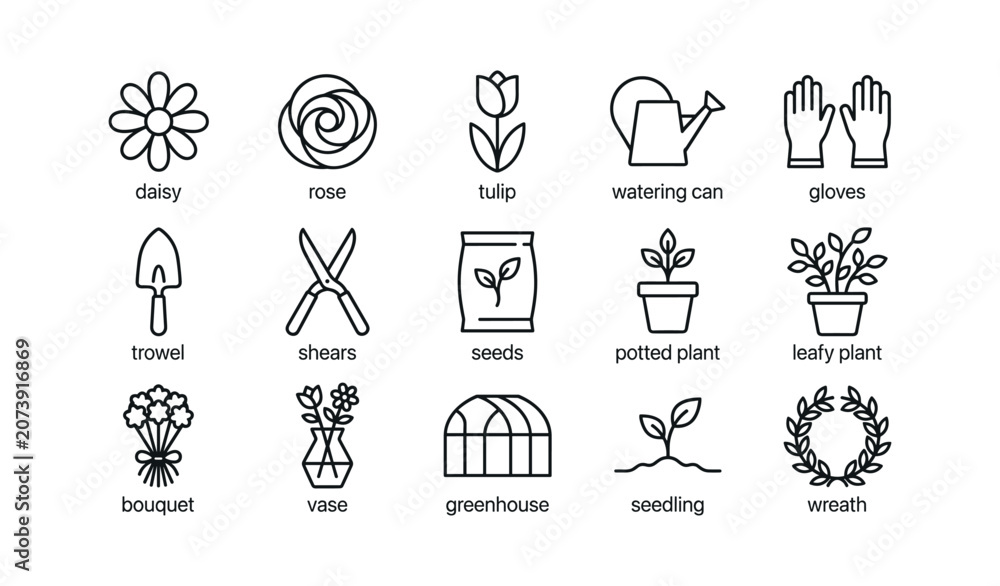 Fototapeta premium Gardening icons arranged in grid on white background