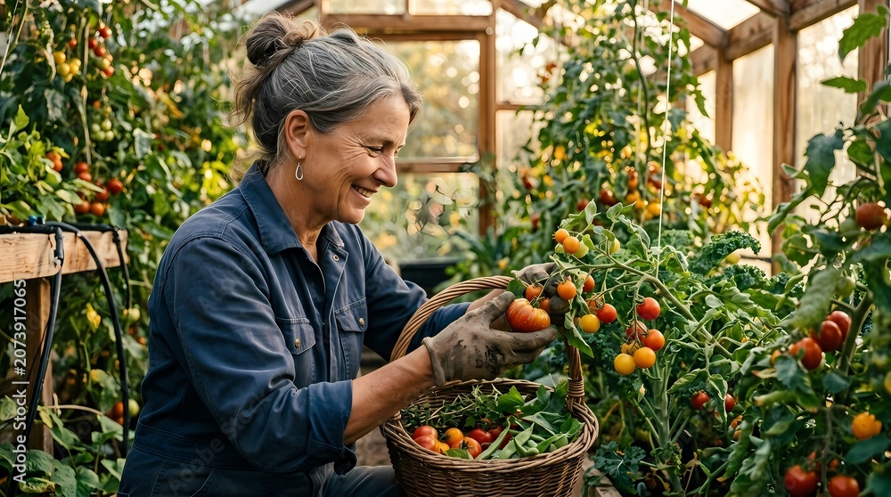 Fototapeta premium Happy Senior Woman Harvesting Fresh Organic Tomatoes in Sunlit Greenhouse