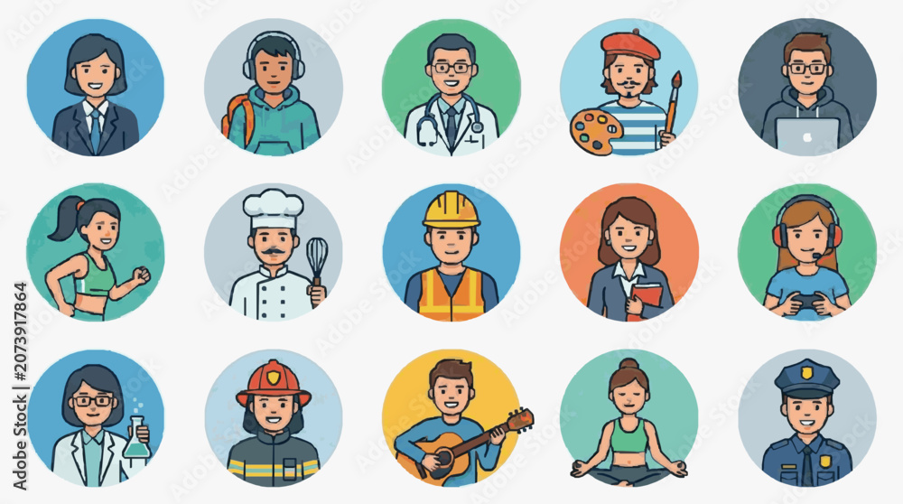 Fototapeta premium Professional Colorful Set of 15 Diverse Characters in Various Occupations with Unique Attire and Tools