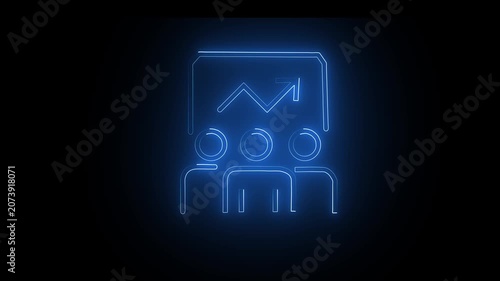 Team presentation featuring a glowing blue icon of people gathered before a data board signifies effective communication, collaborative strategy, and leadership during professional meetings.