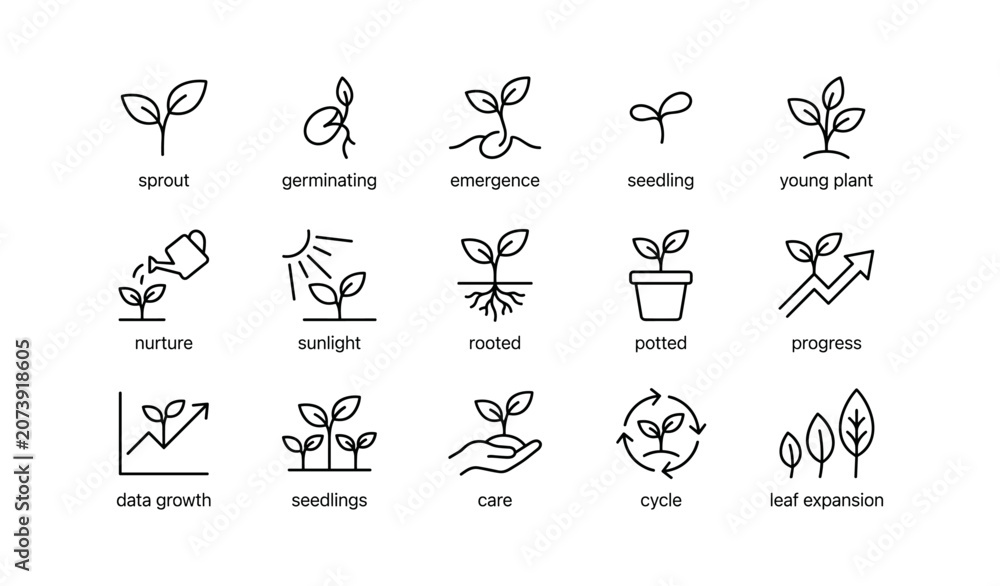 Fototapeta premium Seedling and plant growth icons shown in a white grid layout