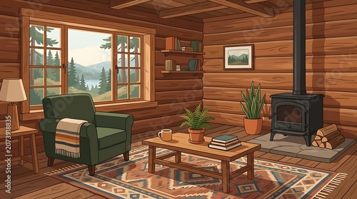 Cozy log cabin living room with forest view and wood stove