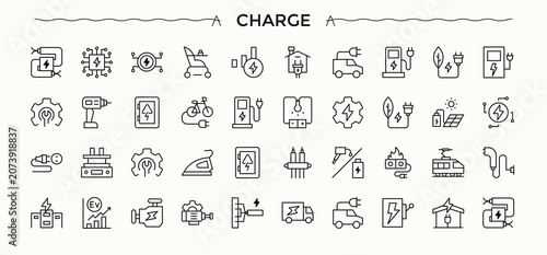 Charging line icon set. Minimalist icons pack. Electricity linear icon set. Includes symbols for technology, charger, electricity, battery, charge and more.