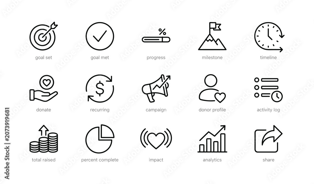 Fototapeta premium Fundraising icons illustrating goals progress and donor analytics