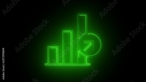 Bar chart glowing in bright green neon shows an ascending arrow indicating significant financial performance gains, useful for visualizing profit margins and revenue growth in corporate presentations.