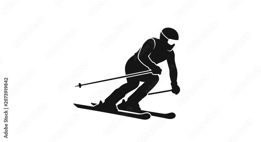 Fototapeta premium Skier silhouette glides down a mountain slope while wearing professional winter sports gear.