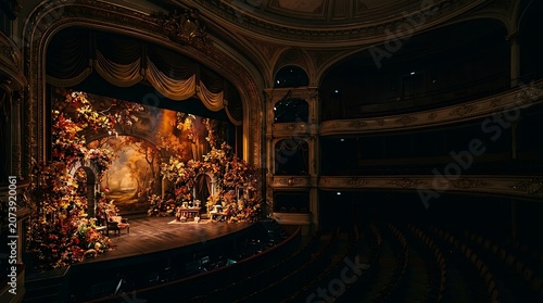 Grand empty theater interior with an autumn stage set