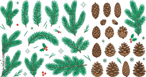 Obraz na plátne Christmas pine branches and pinecones vector illustration set with green fir twi
