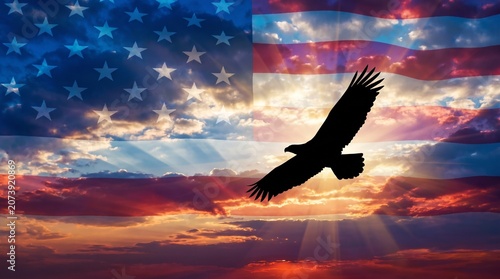 Majestic eagle silhouette soaring against a radiant sunset sky overlayed with a faded american flag pattern representing national pride freedom and patriotic spirit in a conceptual digital