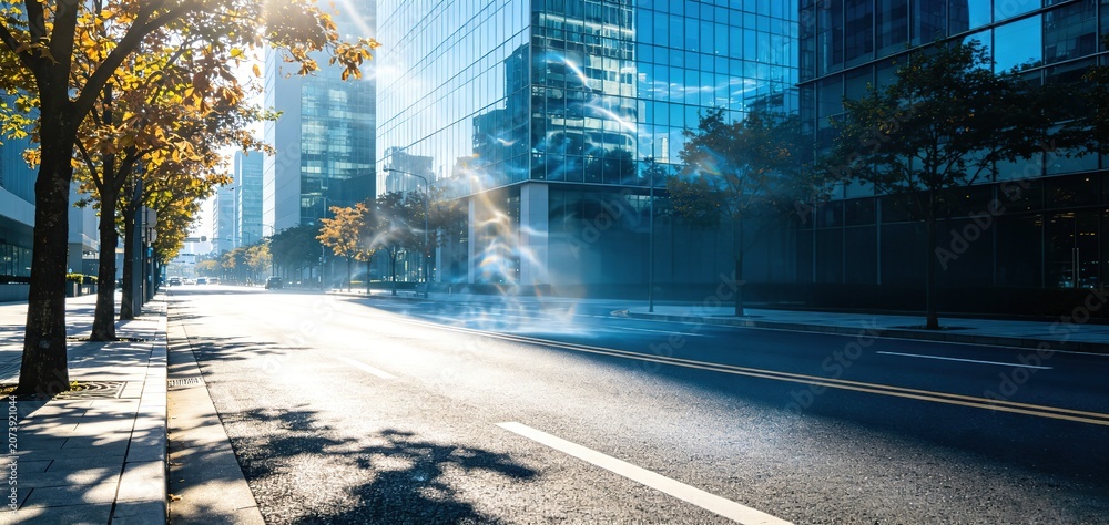 Obraz premium Bright empty modern city street lined with autumn foliage trees,Ideal for urban business web banners, real estate PPT backgrounds, city development brochures.